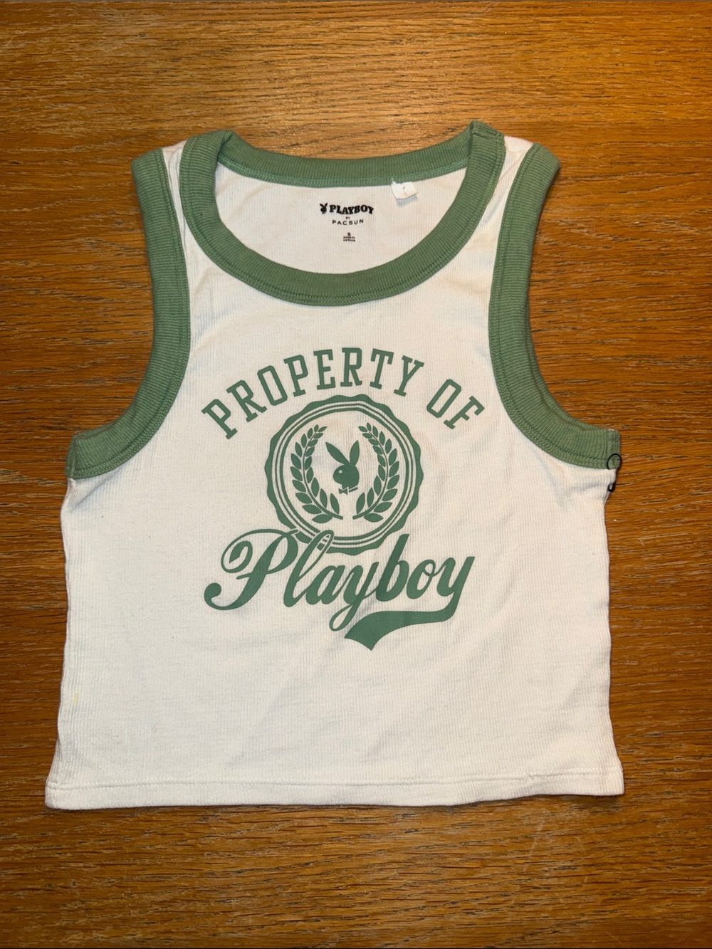 PLAYBOY White Tank Top with Green Ringer Trim and Logo